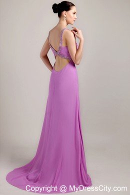 Lavender V-neck with Brush Train Beading and Ruche Prom Dress