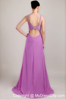 Lavender V-neck with Brush Train Beading and Ruche Prom Dress