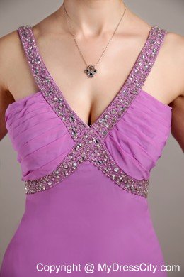 Lavender V-neck with Brush Train Beading and Ruche Prom Dress