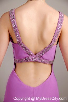 Lavender V-neck with Brush Train Beading and Ruche Prom Dress