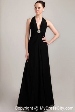 Halter Black Column Long Chiffon Beading and Ruche Prom Dress