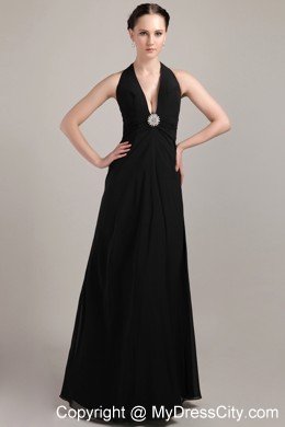 Halter Black Column Long Chiffon Beading and Ruche Prom Dress