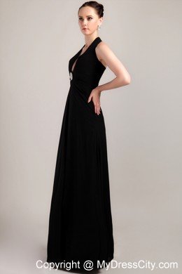 Halter Black Column Long Chiffon Beading and Ruche Prom Dress