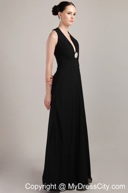 Halter Black Column Long Chiffon Beading and Ruche Prom Dress