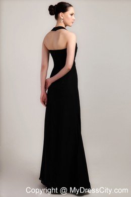 Halter Black Column Long Chiffon Beading and Ruche Prom Dress