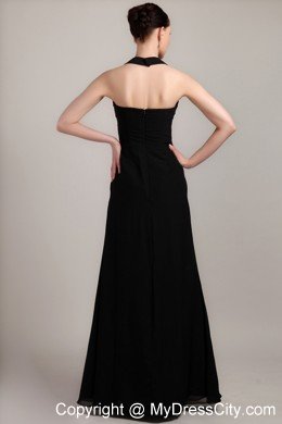 Halter Black Column Long Chiffon Beading and Ruche Prom Dress