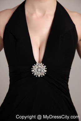 Halter Black Column Long Chiffon Beading and Ruche Prom Dress