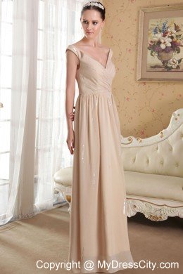 Straps V-neck Champagne Ankle-length Chiffon Sequins Prom Dress