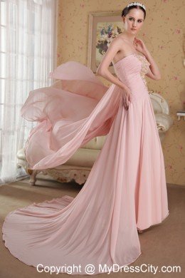 Princess Baby Pink Brush Train Beading Hand Flowers Prom Dress