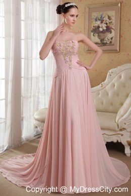 Princess Baby Pink Brush Train Beading Hand Flowers Prom Dress