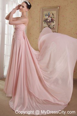 Princess Baby Pink Brush Train Beading Hand Flowers Prom Dress