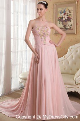 Princess Baby Pink Brush Train Beading Hand Flowers Prom Dress