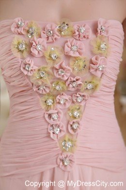 Princess Baby Pink Brush Train Beading Hand Flowers Prom Dress