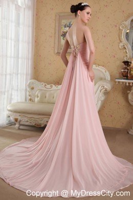 Princess Baby Pink Brush Train Beading Hand Flowers Prom Dress