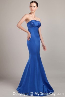 Mermaid Blue Strapless Prom Dress Floor-length Satin Beading