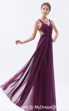 High-low Dark Straps Purple Sheath Prom Dress Chiffon Beading