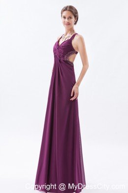 High-low Dark Straps Purple Sheath Prom Dress Chiffon Beading