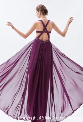 High-low Dark Straps Purple Sheath Prom Dress Chiffon Beading