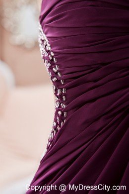 High-low Dark Straps Purple Sheath Prom Dress Chiffon Beading