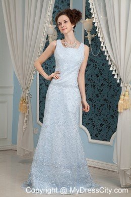 Light Blue Lace Square Neckline Prom Dress with Brush Train