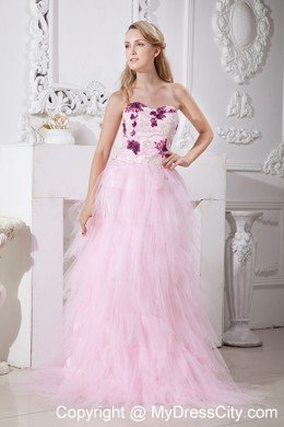 Sweetheart Appliques Ruffles Tulle Baby Pink 2013 Prom Dress