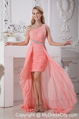 High-low Ruched One Shoulder Chiffon Beading Watermelon Prom Dress