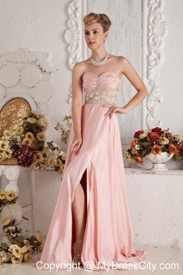 Baby Pink High Slit Sweetheart Beading Prom Dress with Brush Train
