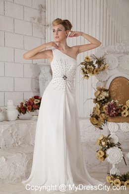Single Shoulder Brush Train Chiffon Beading White Prom Dress