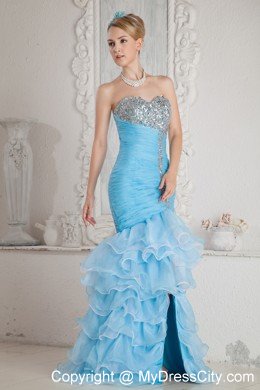 Mermaid Ruched Beading Sky Blue Prom Dresses with Ruffles