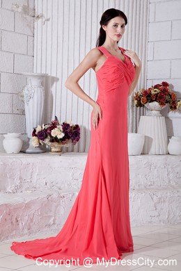 Ruched Chiffon Straps Watermelon Prom Dress with Brush Train