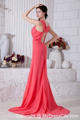 Ruched Chiffon Straps Watermelon Prom Dress with Brush Train