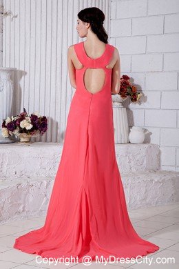 Ruched Chiffon Straps Watermelon Prom Dress with Brush Train