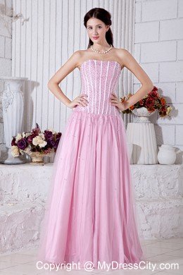 A-line Empire Strapless Beading Baby Pink Prom Dress
