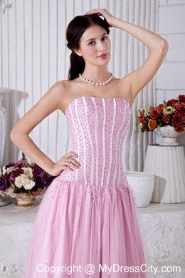 A-line Empire Strapless Beading Baby Pink Prom Dress