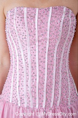 A-line Empire Strapless Beading Baby Pink Prom Dress