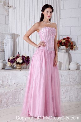 A-line Empire Strapless Beading Baby Pink Prom Dress