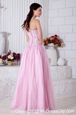 A-line Empire Strapless Beading Baby Pink Prom Dress