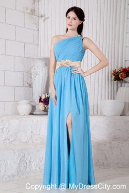 Chiffon Empire One Shoulder Belt Aqua Blue Prom Gown