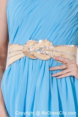 Chiffon Empire One Shoulder Belt Aqua Blue Prom Gown
