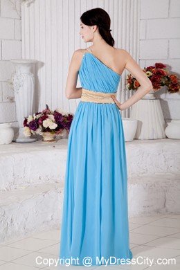 Chiffon Empire One Shoulder Belt Aqua Blue Prom Gown
