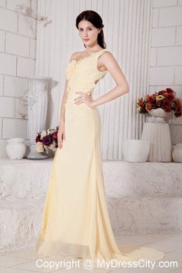 One Shoulder Column Flowers Brush Train Light Yellow Prom Dress