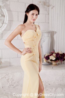 One Shoulder Column Flowers Brush Train Light Yellow Prom Dress