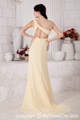 One Shoulder Column Flowers Brush Train Light Yellow Prom Dress
