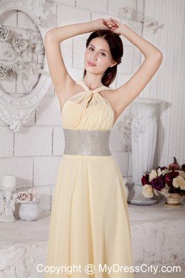 Empire Straps Chiffon Light Yellow Prom Dress With Silver Belt