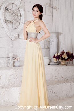 Empire Straps Chiffon Light Yellow Prom Dress With Silver Belt