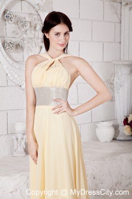 Empire Straps Chiffon Light Yellow Prom Dress With Silver Belt