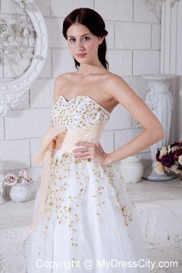 Sweetheart Beading White Prom Dress with Gold Bow Detail