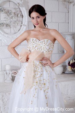 Sweetheart Beading White Prom Dress with Gold Bow Detail