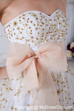 Sweetheart Beading White Prom Dress with Gold Bow Detail