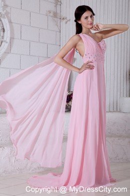Pink Single Shoulder Beading Prom Dress with Watteau Train